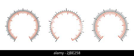 Set of measuring dashboard templates with two round charts. Manometer, barometer, speedometer, pressure meter, tonometer, thermometer, navigator or indicator tool interface. Vector illustration Stock Vector