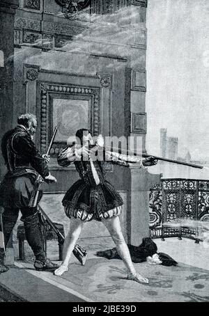 The 1906 caption reads: “CHARLES IX. DURING THE ST. BARTHOLOMEW MASSACRE.—This awful murder of the French Protestants was consented to with reluctance by the weak and sickly young king. Once it had begun, however, he is said to have been seized with a frenzy, and standing before his palace, he grasped a gun, and with an attendant helping him to reload, he fired repeatedly at the fleeing victims.” The St. Bartholomew's Day Massacre happened in 1572 in Paris, France (Charles IX was king). It marked the turning point in the French Wars of Religion (1562-1598) involved the assassinations of the le Stock Photo