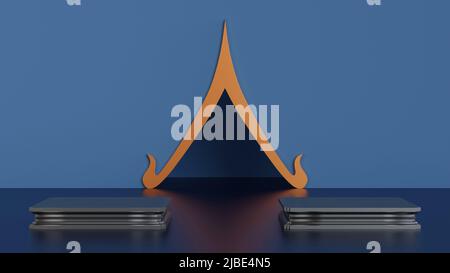 Podium or Buddha statue pedestal podium with house gable roof shape Thai style art composition, stage for product, 3D rendering. Stock Photo