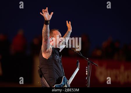 Rhineland-Palatinate, Nürburg: 05 June 2022, Michael Poulsen, frontman of the Danish metal band 'Volbeat', performs on the main stage of the 'Rock am Ring' festival. The festival is sold out with 90,000 visitors. Photo: Thomas Frey/dpa Stock Photo