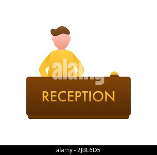 Realistic gold icon of reception bell and man on white backdrop. Customer help Stock Vector