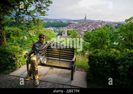 Statue of famous scientist Albert Einstein on rose garden. Bern, Switzerland - June 2022 Stock Photo