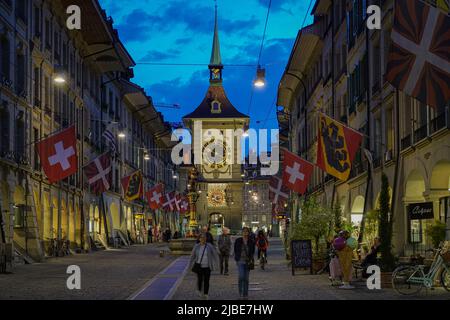 Night scene along Kramgasse in the old town featuring the Zytglogge Clock Tower. Bern, Switzerland - Junew 2022 Stock Photo