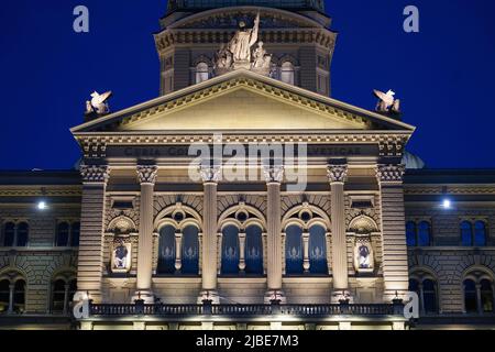 View of Swiss Parliament building at night. Bern, Switzerland - June 2022 Stock Photo