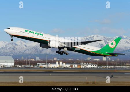 EVA Air Boeing 777 airplane taking off. Aircraft B777-300ER of Evergreen Airways departing Anchorage operating a cargo charter flight. Stock Photo