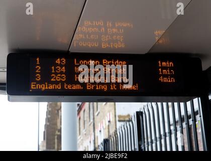 TFL Bus signs wishing the England team good luck Featuring: Atmosphere Where: London, United Kingdom When: 11 Jul 2021 Credit: Mario Mitsis/WENN Stock Photo
