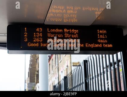TFL Bus signs wishing the England team good luck Featuring: Atmosphere Where: London, United Kingdom When: 11 Jul 2021 Credit: Mario Mitsis/WENN Stock Photo