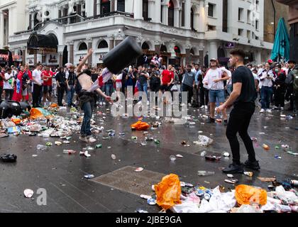 Rowdy England football fans gather at Leicester Square in anticipation of the 16th UEFA Euro 2020 final result Featuring: Atmosphere Where: London, United Kingdom When: 11 Jul 2021 Credit: Mario Mitsis/WENN Stock Photo