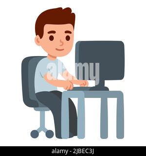 Character working on computer at office desk. Cute cartoon man, student or employee. Simple flat style vector illustration. Stock Vector