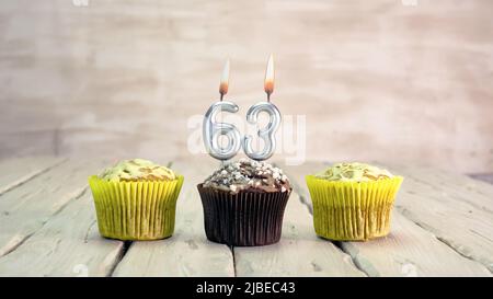 Happy birthday muffins with candles with the number. Card copy space with pies for congratulations. Stock Photo