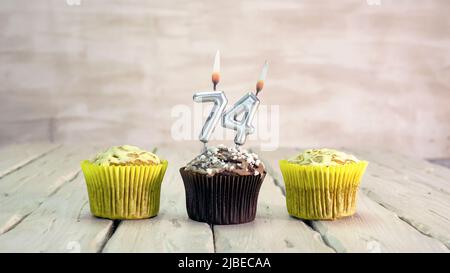 Happy birthday muffins with candles with the number. Card copy space with pies for congratulations. Stock Photo