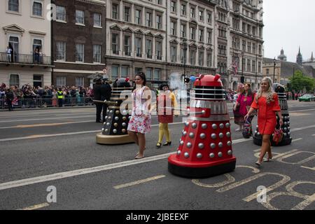 London, UK. 5th June 2022. Daleks take part in the Platinum Jubilee Pageant to mark her Majesty's 70 years on the throne. The 3km parade is led by the golden state coach, a 260 year old carriage that carried the Queen to and from her coronation in 1953.  Credit: Kiki Streitberger / Alamy Live News Stock Photo