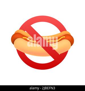 Red forbidden sign with no fast food. Cartoon icon on white backdrop. Sign forbidden. Vector icon Stock Vector