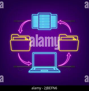 Data center information in cartoon style. Isometric vector. Database system. Neon icon Stock Vector