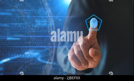 Businessman hand using fingerprint identification to access personal financial data, Fingerprint scan provides security access with biometrics identif Stock Photo