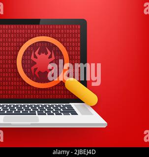 Search, find bugs and virus. Magnifying Glass scanning. Antivirus protection. Vector stock illustration. Stock Vector