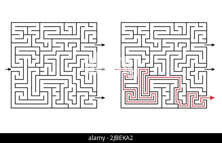 Maze labyrinth educational logic game for kids with several exits and solution. Challenging puzzle for montessori school Stock Vector