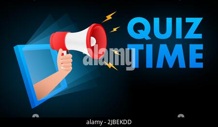 Quiz time logo with clock, concept of questionnaire show sing, quiz button, question competition. Vector stock illustration Stock Vector
