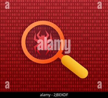 Search, find bugs and virus. Magnifying Glass scanning. Antivirus protection. Vector stock illustration. Stock Vector