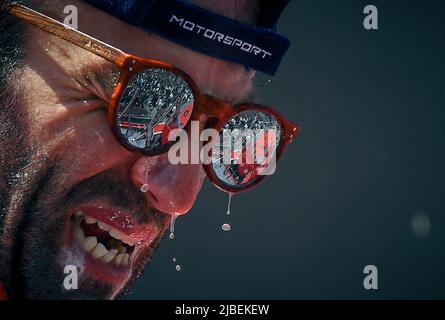 Barcelona. 5th June, 2022. Jorge Martin of Prima Pramac Racing celebrates his second position after the race of the MotoGP Gran Premi Monster Energy de Catalunya at Circuit de Catalunya in Barcelona, Spain, on June 5, 2022 Credit: Pablo Morano/Xinhua/Alamy Live News Stock Photo