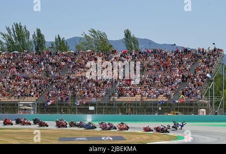 Barcelona. 5th June, 2022. Riders crash during the race of the MotoGP Gran Premi Monster Energy de Catalunya at Circuit de Catalunya in Barcelona, Spain, on June 5, 2022 Credit: Pablo Morano/Xinhua/Alamy Live News Stock Photo