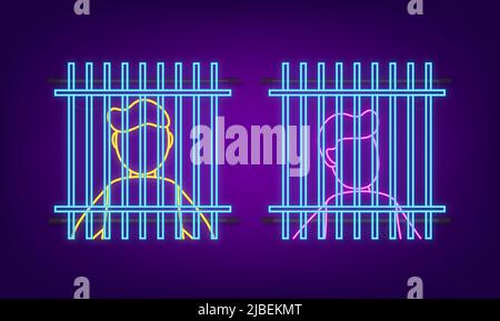 Prisoner silhouette front with police data board. Neon icon. Hand drawn black icon on white backdrop. Vector background Stock Vector