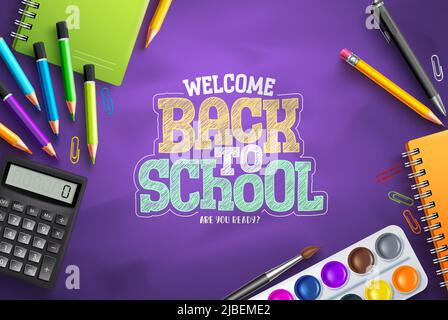 Back to school vector background design. Welcome back to school text in purple space with school supplies elements. Vector Illustration. Stock Vector