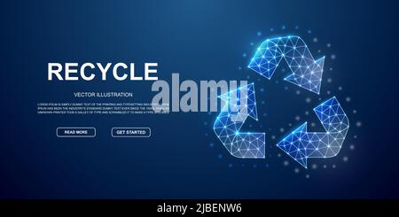 Recycle 3d low poly symbol with connected dots for blue landing page template. Ecology design illustration concept. Polygonal Ecosystem illustration Stock Vector