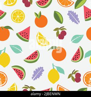 Summer tropical fruits pattern. Cute seamless vector background with watermelon, cherries, lemon, oak leaves and oranges.  Stock Vector