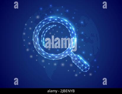 Magnifying glass 3d low poly symbol with world map background. Analysis tool concept design illustration. Loupe polygonal symbol with connected dots Stock Vector