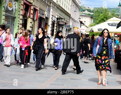 The busy Ferhadija (pedestrian) Street in Sarajevo, Bosnia & Herzegovina. Stock Photo