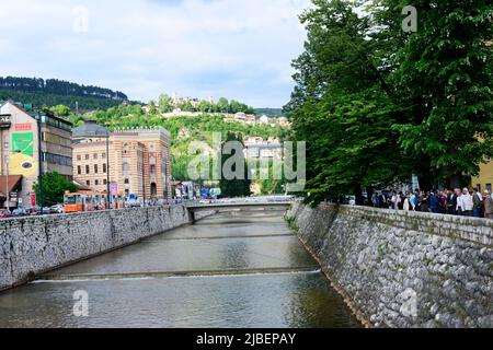 The Miljacka river in Sarajevo, Bosnia & Herzegovina. Stock Photo