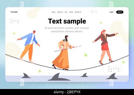 businesspeople walking on balancing tight rope risk challenge help in business concept Stock Vector
