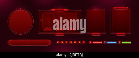 Game menu interface ui elements, buttons, progress bars, settings, login and password board. Gui user panel with sliders, keys, red glowing design with devil horns and hell fire flames Vector graphics Stock Vector