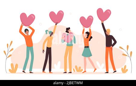 Customers review, support and best rating of services. Cartoon satisfied clients or followers holding hearts to rate and vote for quality of experience flat vector illustration. Satisfaction concept Stock Vector