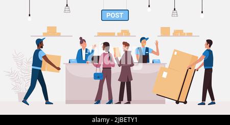 Distribution of parcels from warehouse and letters in post office Cartoon postal workers in uniform carry boxes, people send or receive packages flat vector illustration. Delivery, ecommerce concept Stock Vector