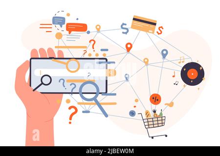 Online search service in internet browser of phone for finding information. Cartoon hand holding smartphone with customizable smart mobile app on touchscreen infographic flat vector illustration Stock Vector