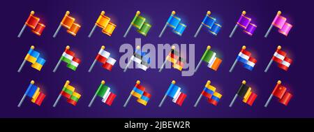 Game icons with flag of different countries and color pennants on pole. Vector cartoon set of waving flags of Ukraine, Belgium, Austria, France, Germany, China, Poland and other Stock Vector