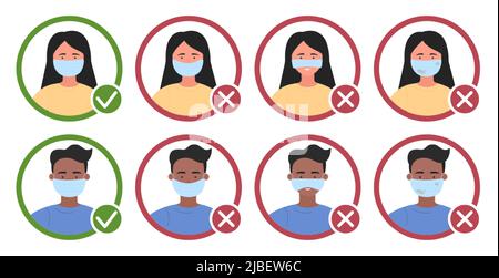 People wear medical face mask with proper and wrong way set of infographic vector illustration. Cartoon round avatar of boy and girl with mistake and protective right method. Prevention concept Stock Vector