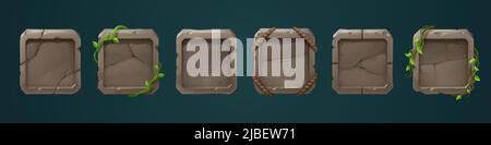 Stone frames for game user avatar. Vector cartoon set of empty square rock boards with jungle vines and ropes, old cracked stone panels isolated on background Stock Vector
