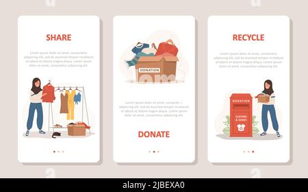 Donation clothes. Arabic volunteers women share and recycle used clothes. Vector cartoon illustration. Set of mobile banners. Garbage sorting. Zero Stock Vector