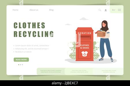 Clothes recycling landing page template. Arabic woman with cardboard box gives things for donation. Clothing bin or recycle container. Volunteering Stock Vector