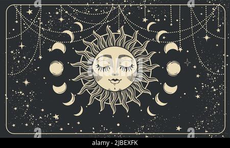 Aesthetic boho banner with sun face, moon phases and stars pattern. Magic print for astrology and tarot, bohemian design, tattoo, engraving, witch cov Stock Vector