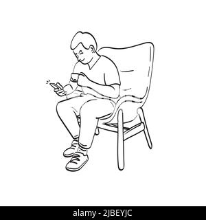 line art man with smartphone and cup with tea or coffee on chair illustration vector hand drawn isolated on white background Stock Vector
