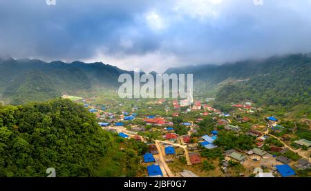 Hang Kia Valley - Pa Co, Mai Chau district, Hoa Binh province - May 7, 2022: Panoramic image seen from above Hang Kia commune in the fog in Mai Chau d Stock Photo