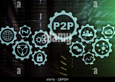 Peer to peer. P2P on the virtual screen with a server room background Stock Photo