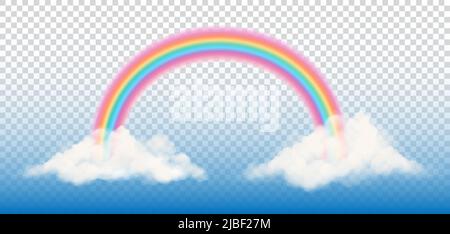 Fantasy rainbow with clouds on transparent background. Arched realistic spectrum. Vector. Stock Vector