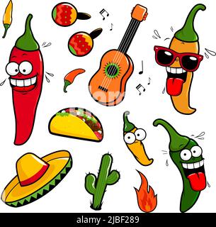 Mexican collection with cartoon chili pepper characters. Vector illustration Stock Vector
