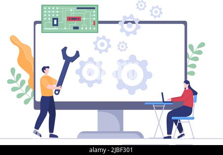 Computer Repair or Service Flat Cartoon Illustration with Tools Repairman Electronics for for Data Recovery Center and Crash on PC Stock Vector
