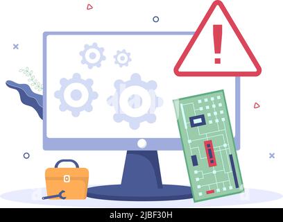 Computer Repair or Service Flat Cartoon Illustration with Tools Repairman Electronics for for Data Recovery Center and Crash on PC Stock Vector